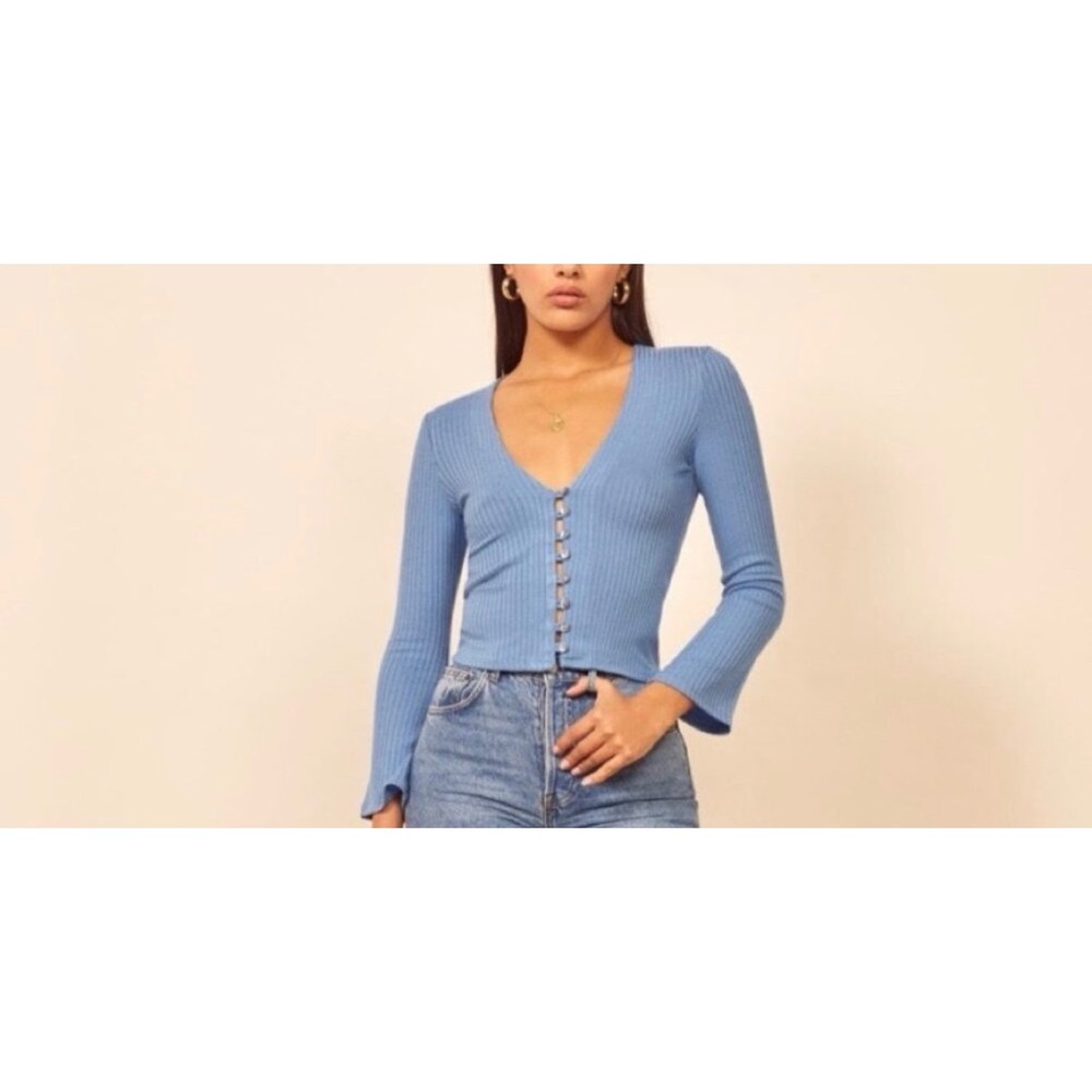 Reformation Ribbed V-Neck Button Front Cardigan Light Blue Long Flare Sleeve Top